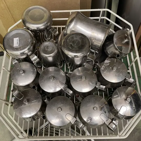 Commercial Dishwash Rack with Assorted Stainless Steel Sugar bowls and jugs
