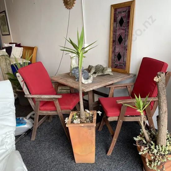 Outdoor Wooden Table and Chairs with as new red tie squabs
