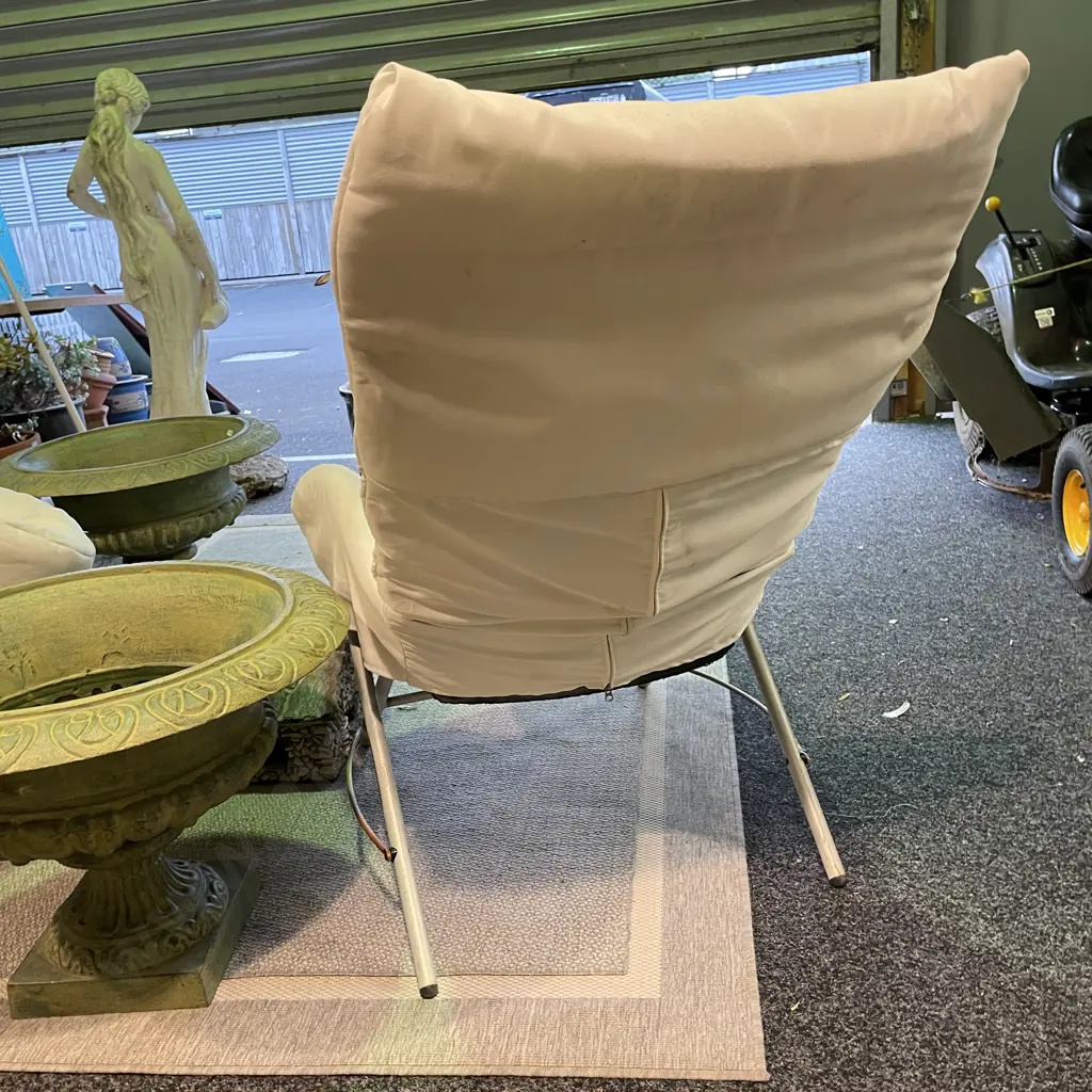 Pair of Metal Framed Outdoor Rocking Chairs with White Cushioned Fabric Covers Image 1++