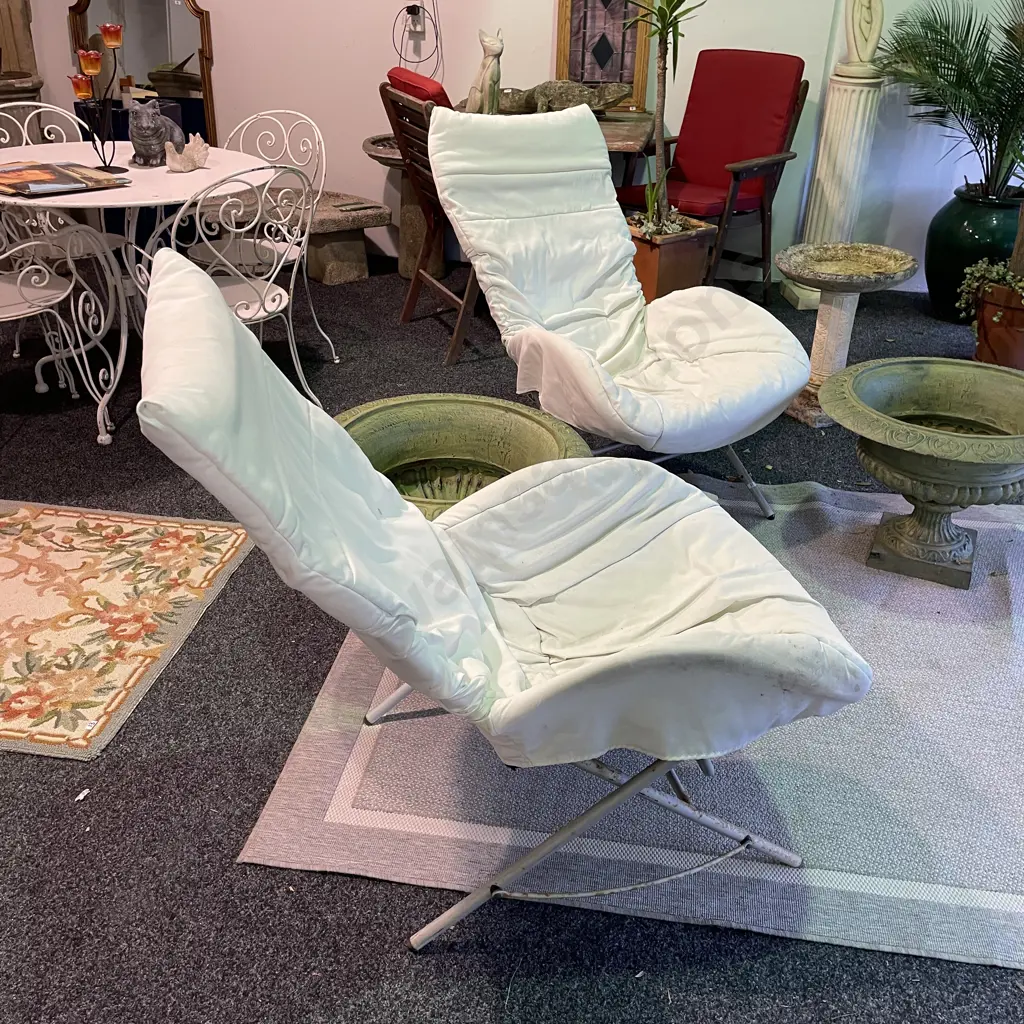 Pair of Metal Framed Outdoor Rocking Chairs with White Cushioned Fabric Covers Image 1++