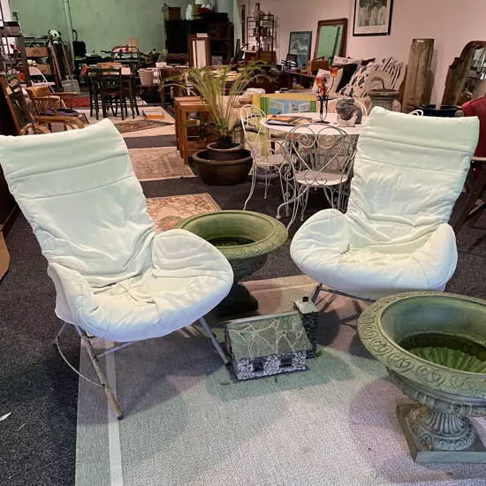 Pair of Metal Framed Outdoor Rocking Chairs with White Cushioned Fabric Covers