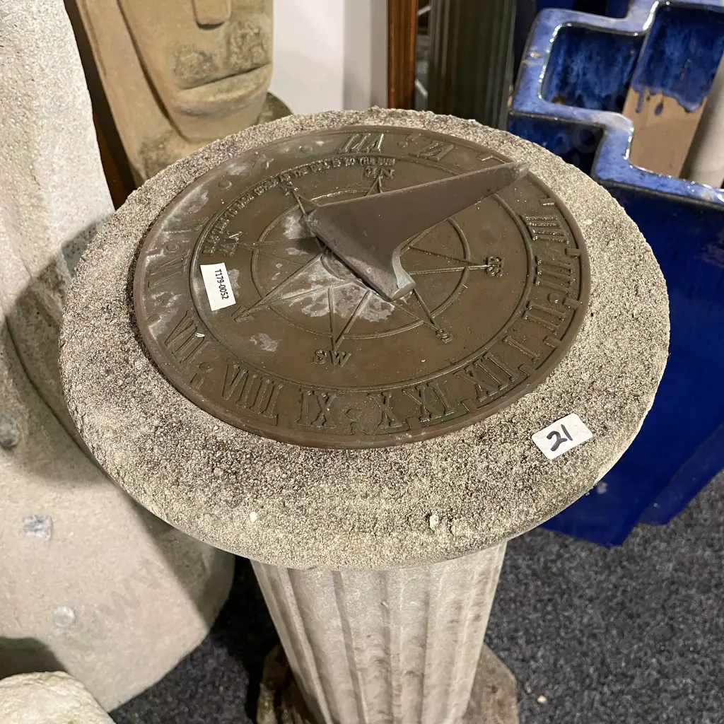 Concrete Outdoor Garden Feature Pillar Sun Dial, H97cm Image 1++
