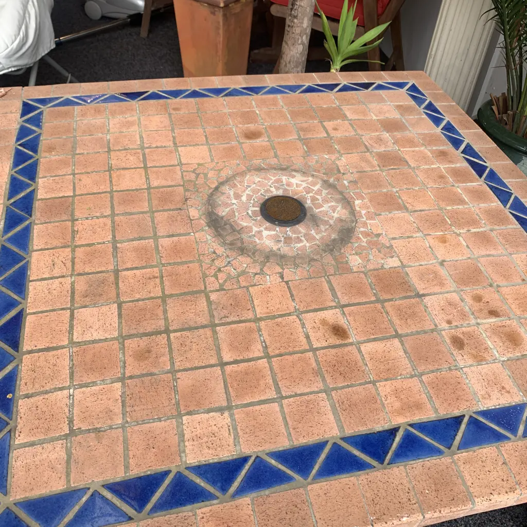 Ceramic Terracotta Tile Outdoor Square Table on Concrete Pedastal. H70cm Top 90cm Square Image 1++