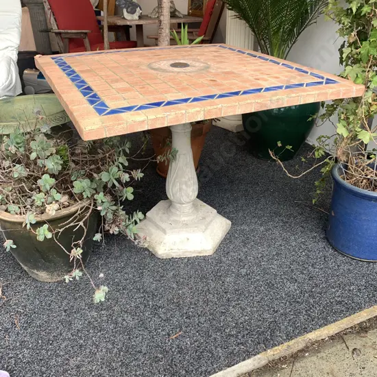 Ceramic Terracotta Tile Outdoor Square Table on Concrete Pedastal. H70cm Top 90cm Square