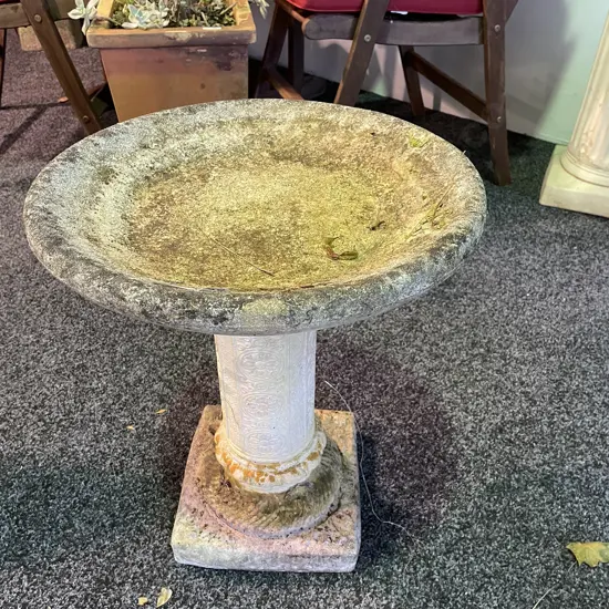 Concrete Bird Bath. Ornate Pillar. H53cm Dia 43cm