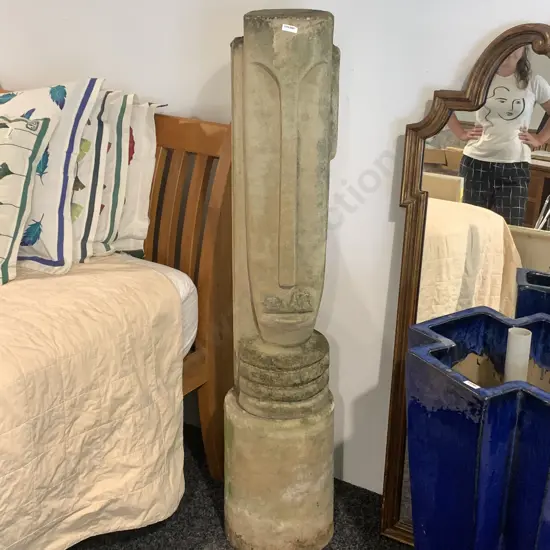 Outdoor Concrete Pillar Sculpture of a Face, 2 Piece, Base 38cm, Face H92cm, Total Height 140cm