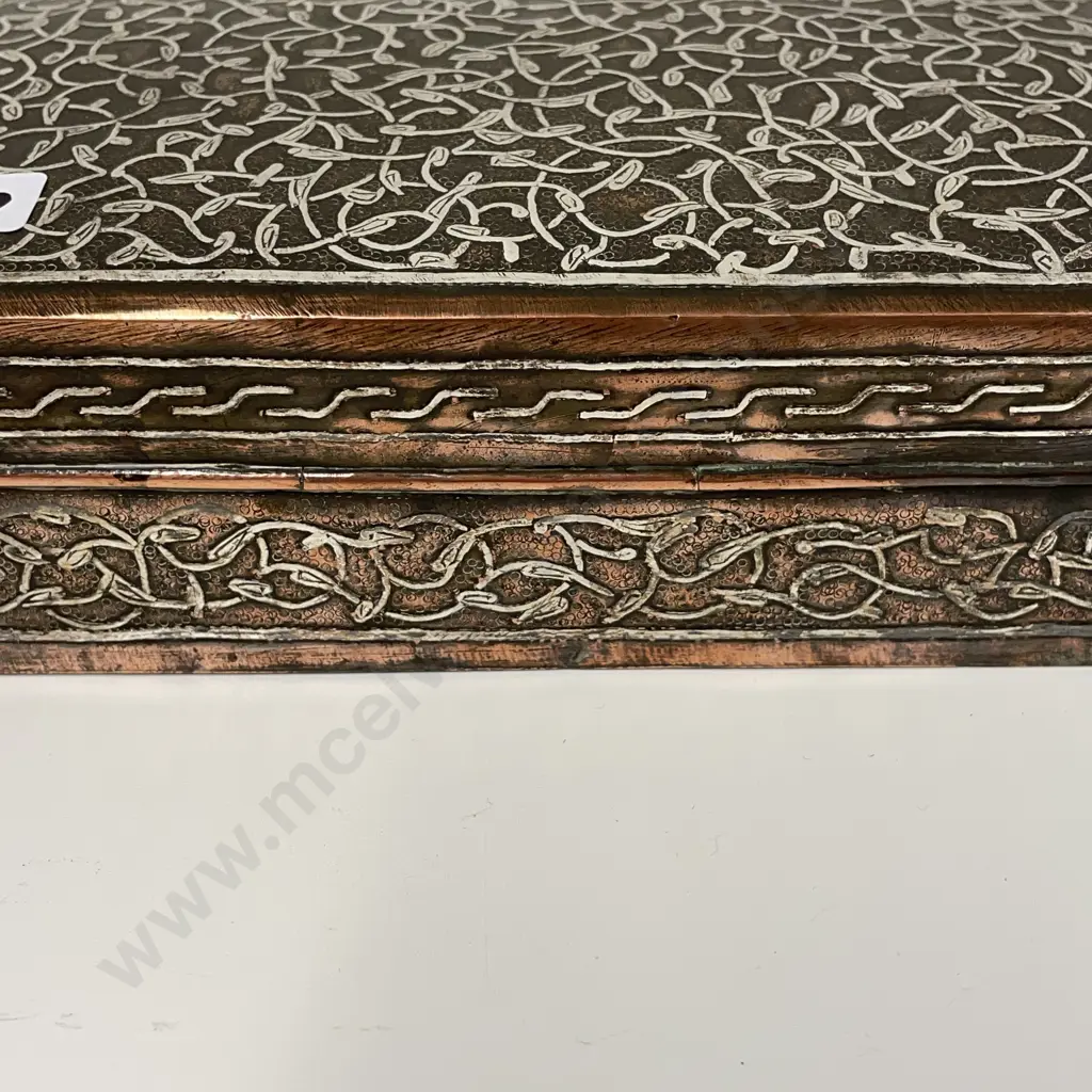 Vintage Box. Wood with copper overlay and applied Silver decoration. Signed/marked on base. 19 x 10.5cm. H5.5cm Image 1++