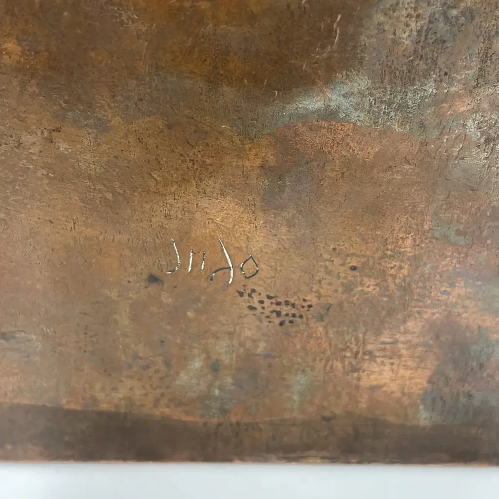 Vintage Box. Wood with copper overlay and applied Silver decoration. Signed/marked on base. 19 x 10.5cm. H5.5cm Image 1++