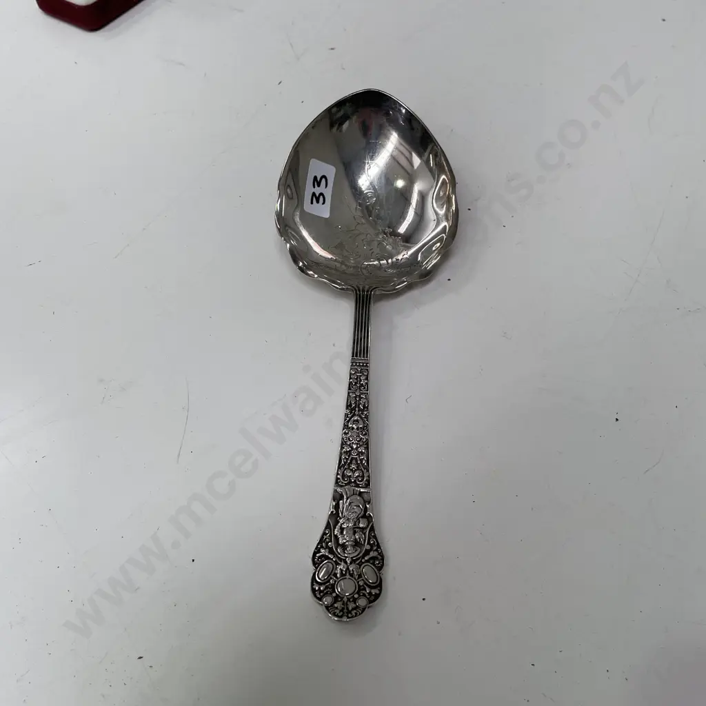 Sterling Silver Large Serving Spoon. Ornate detail. Stamped "Sterling" with hallmarks as shown Image 1++