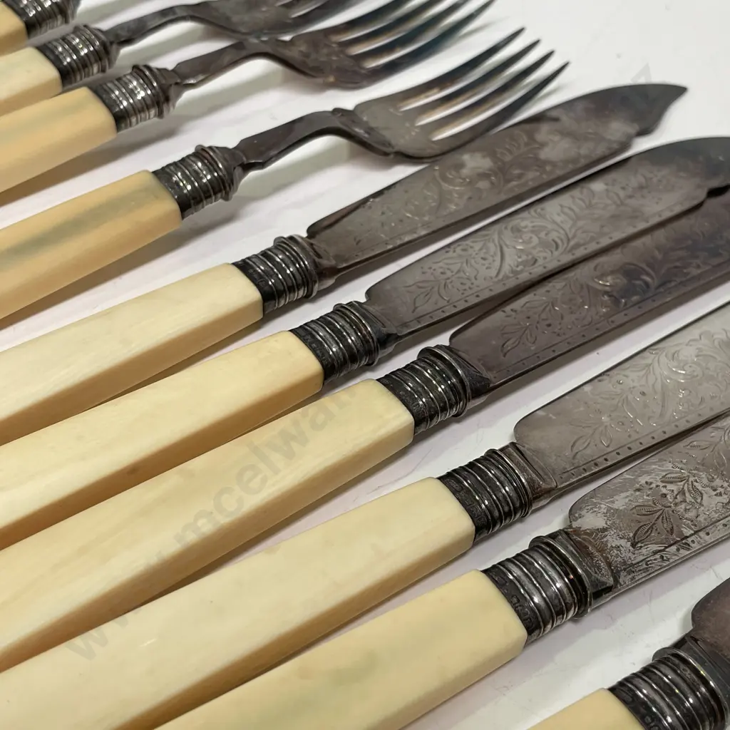 Vintage Bone Handled Fish Set Image 1++