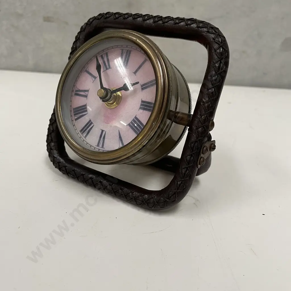 Brass Clock on leather bound brass folding stand Image 1++