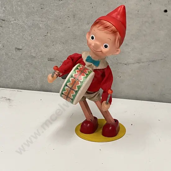 Vintage Wind Up Pinocchio Playing Drum Toy