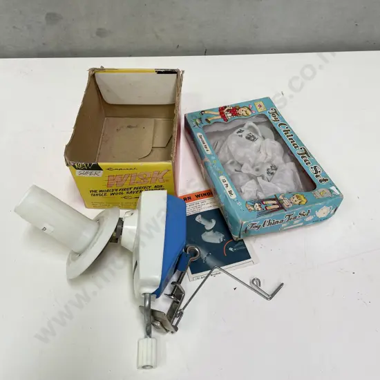 Vintage Yarn Winder with Boxed Toy China Teaset