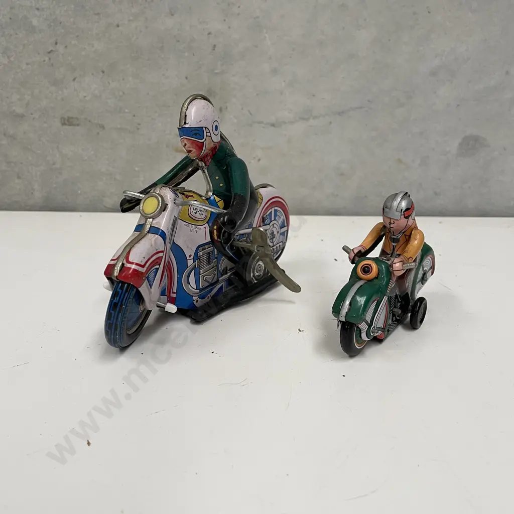 Two Vintage Wind Up Tin Toy Motorcyle and Riders Image 1++
