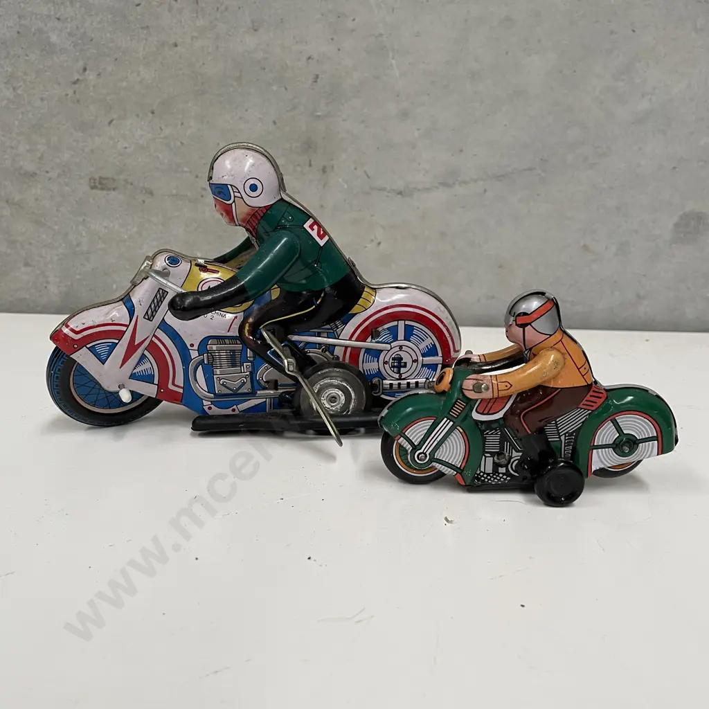 Two Vintage Wind Up Tin Toy Motorcyle and Riders Image 1++