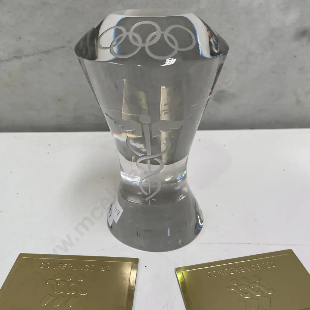Heavy Crystal? Olympic Rings Caduceus Trophy Signed with 3 Sport Badges Image 1++