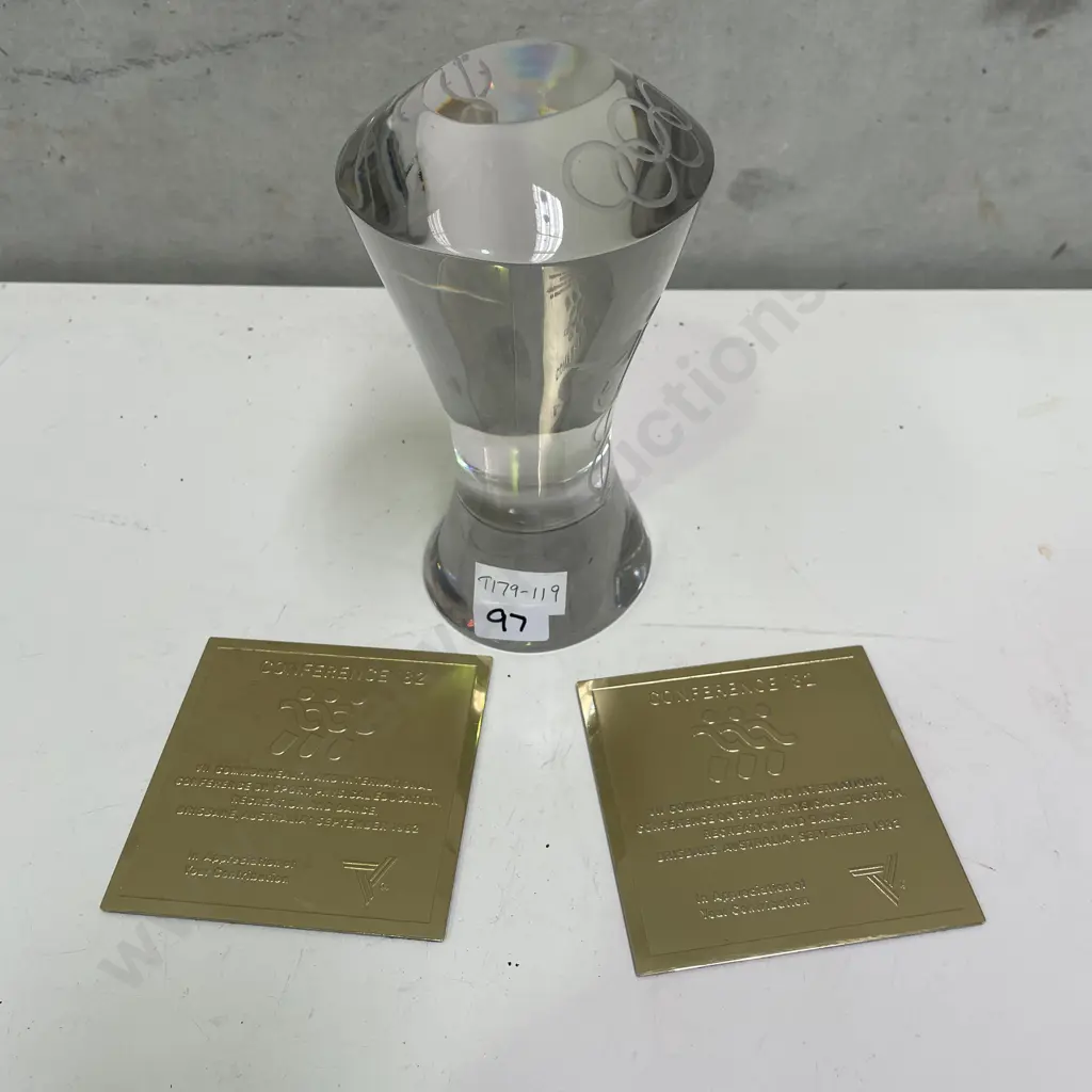 Heavy Crystal? Olympic Rings Caduceus Trophy Signed with 3 Sport Badges Image 1++