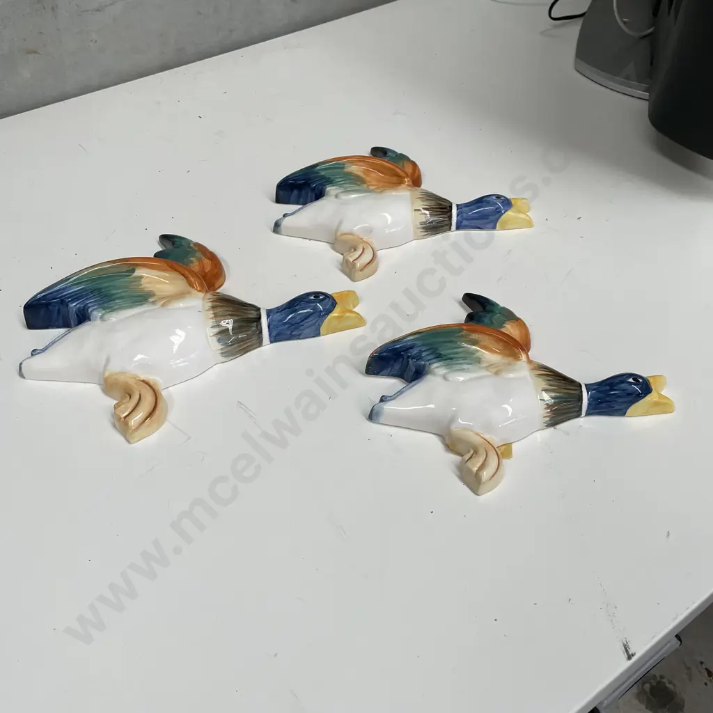 Set of 3 Art Studio Ceramic Flying Ducks. Wall Hung. Largest 29 x 26cm Image 1++