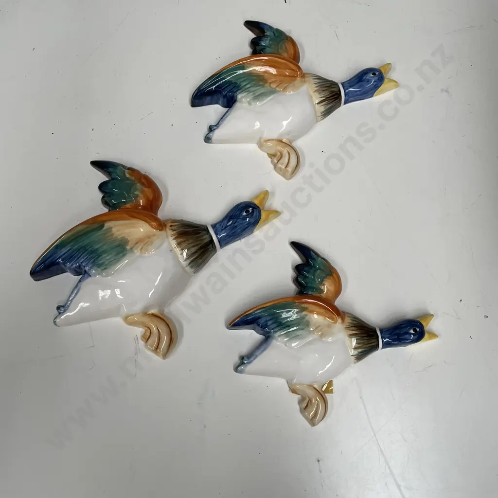 Set of 3 Art Studio Ceramic Flying Ducks. Wall Hung. Largest 29 x 26cm Image 1++