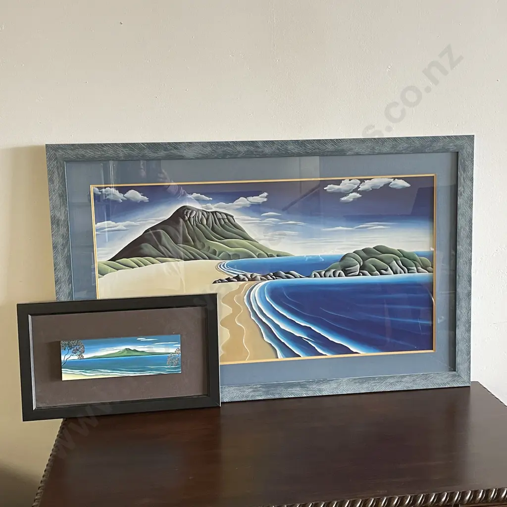 2 Framed Artworks by D. Adams, Mt Maunganui and Rangitoto Scenes, 107 x 67 and 48 x 29cm Image 1++