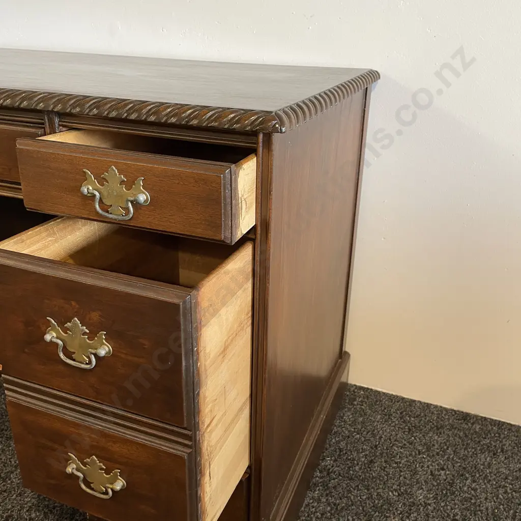 8 Drawer Vintage Writing Desk, Brass Handles, Rope Edge. W112 D59 H75cm Image 1++