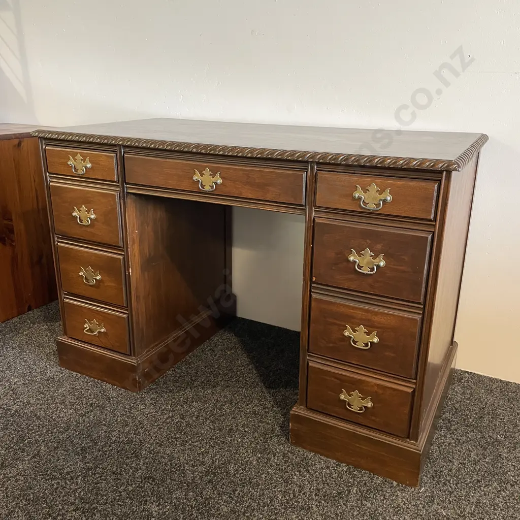 8 Drawer Vintage Writing Desk, Brass Handles, Rope Edge. W112 D59 H75cm Image 1++