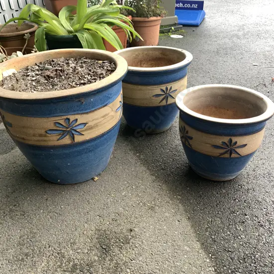 Trio of Blue Painted Terracotta Planters Tallest 320mm