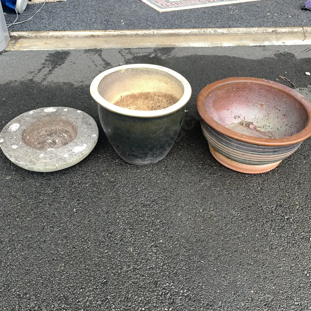 2 Art Pottery planters with small bird bath Image 1++