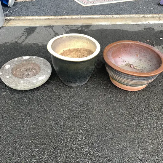 2 Art Pottery planters with small bird bath