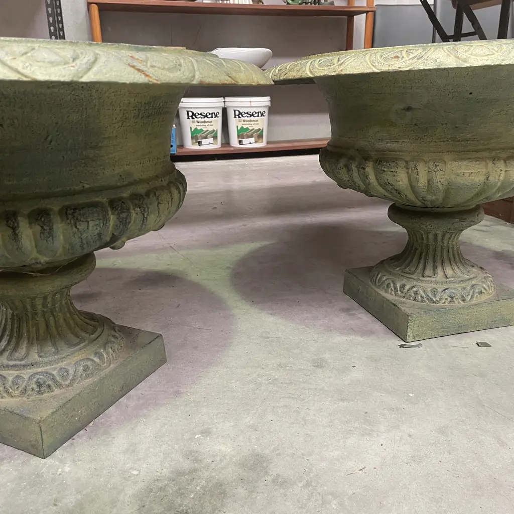 Pair of Cast Iron Round French Classical Style Ornate Planters, Italian Verdigris, 45 x 63cm, 41Kg Image 1++
