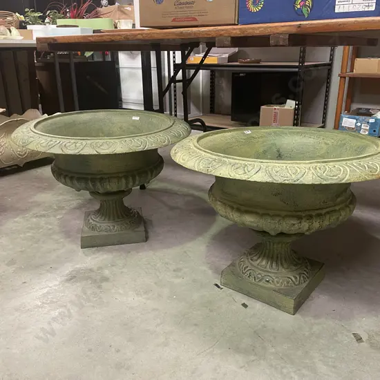 Pair of Cast Iron Round French Classical Style Ornate Planters, Italian Verdigris, 45 x 63cm, 41Kg