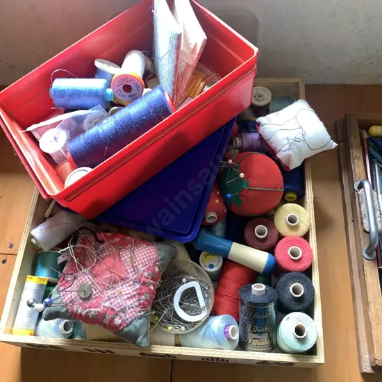 Wooden Tray with Assorted Cottons etc.