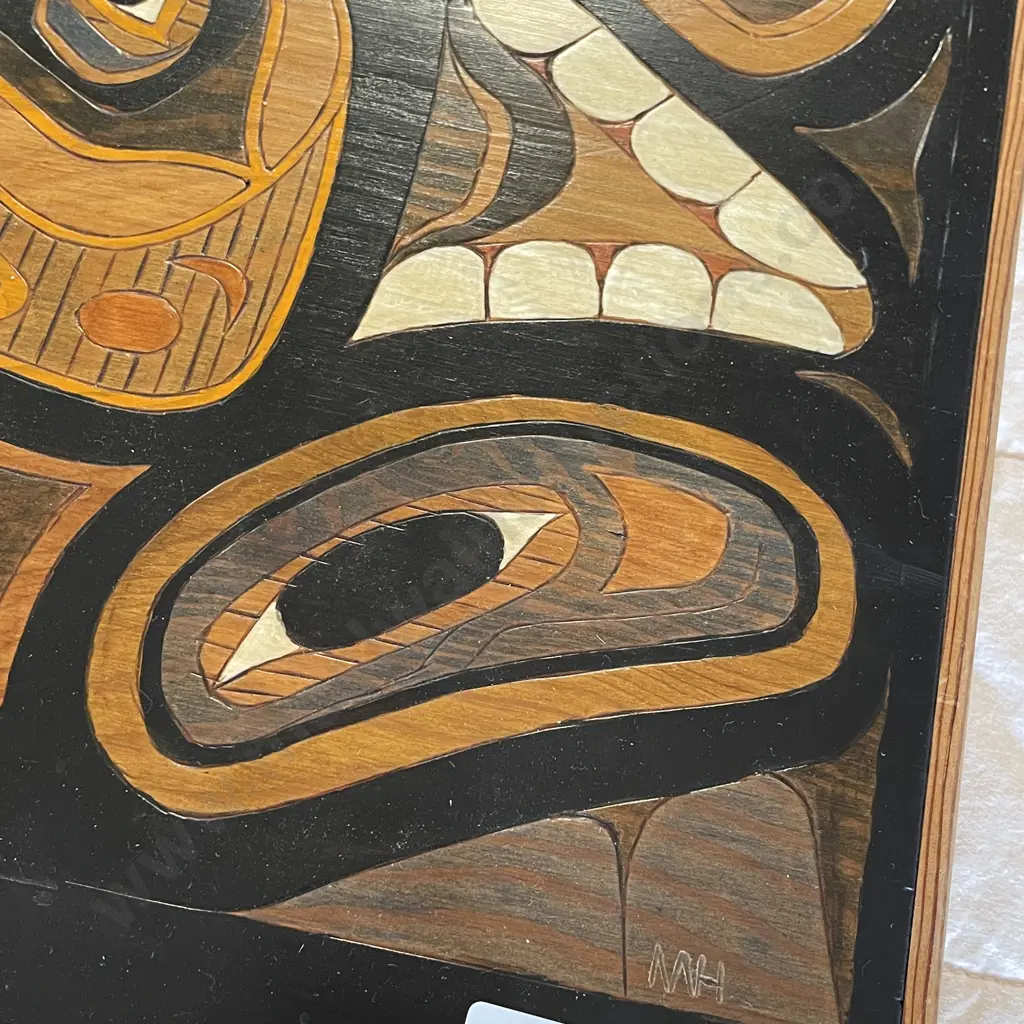 Carved Wooden Panel, Titled Bear and Hawks by Martha Harrington. 61 x 32cm Image 1++