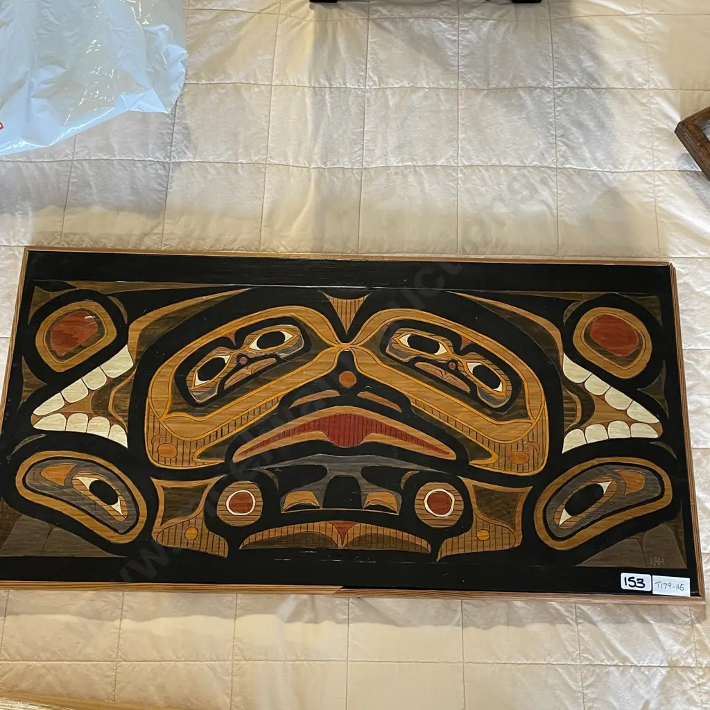 Carved Wooden Panel, Titled Bear and Hawks by Martha Harrington. 61 x 32cm Image 1++