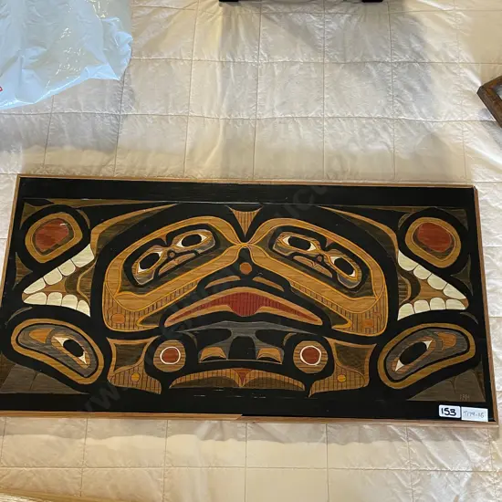 Carved Wooden Panel, Titled Bear and Hawks by Martha Harrington. 61 x 32cm