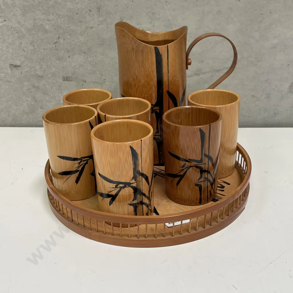 Vintage Japan 7 Piece Fine Wood/Cane Water Set on Tray Image 1++