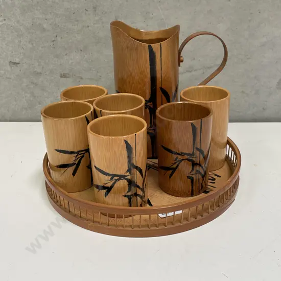 Vintage Japan 7 Piece Fine Wood/Cane Water Set on Tray