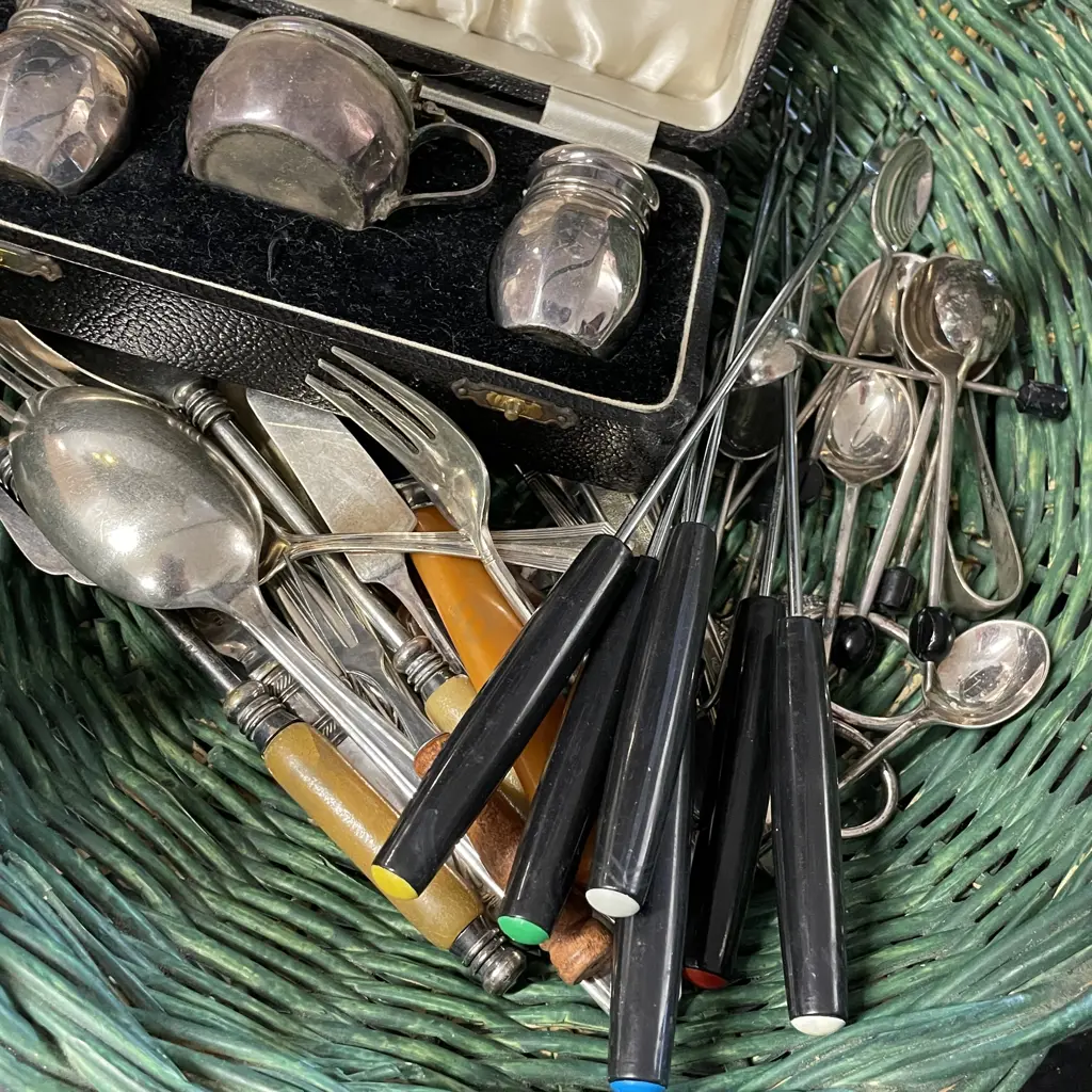 Green Basket with assorted Vintage Silverware Image 1++