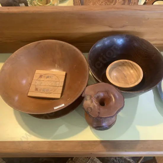 Large Kauri Bowl, Plum wood Vase with assorted woodenware etc