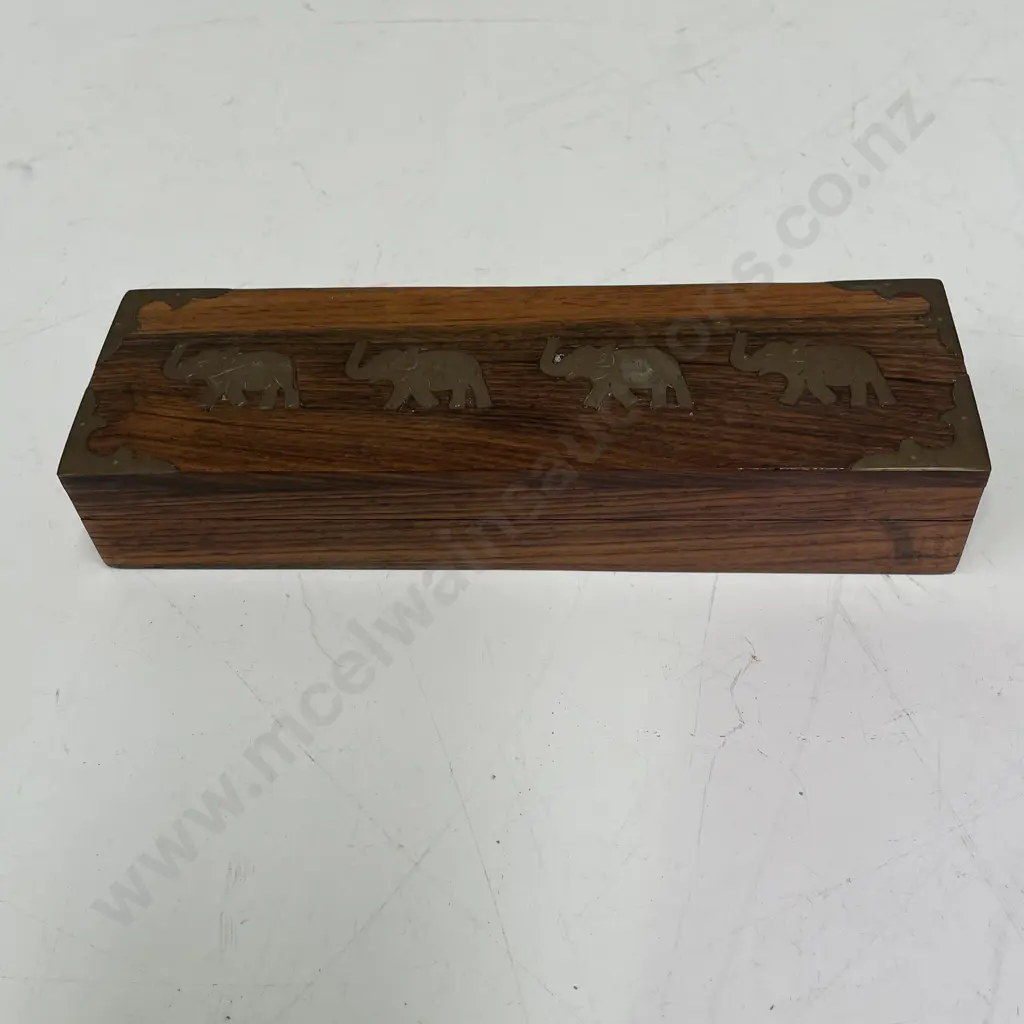 Vintage Wooden Box with inlaid Brass Detail with Elephants Image 1++