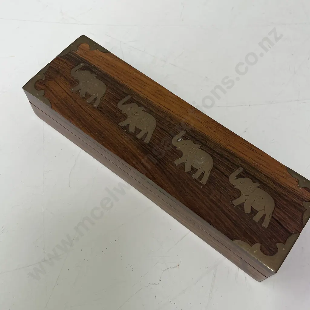 Vintage Wooden Box with inlaid Brass Detail with Elephants Image 1++