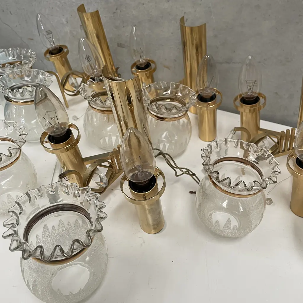 Swedish Mid Century Set of Four VIntage Duo Wall Hung Lights with Crystal droplets Image 1++