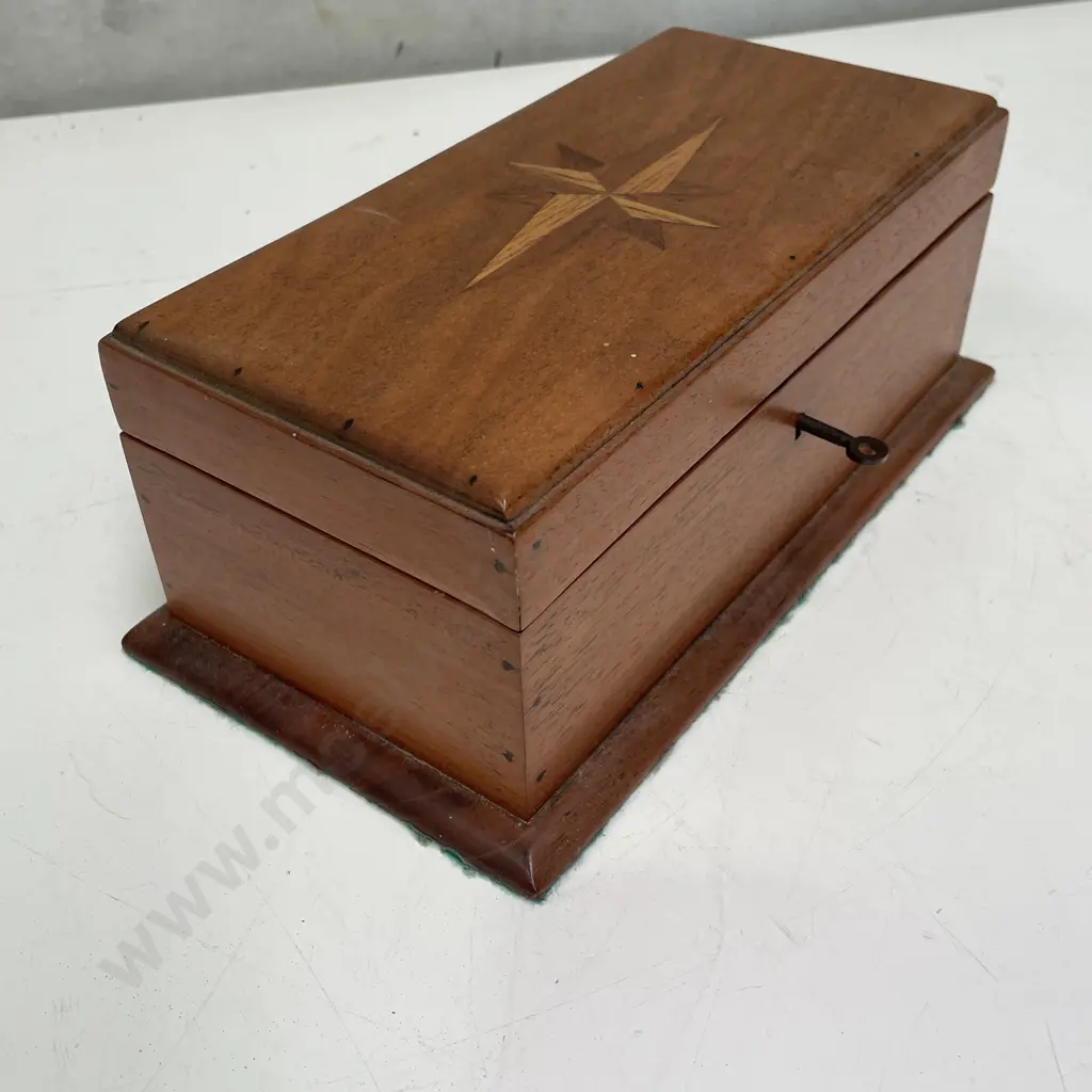 Vintage Inlaid Wooden Box with Key. W27 H11 D15cm Image 1++