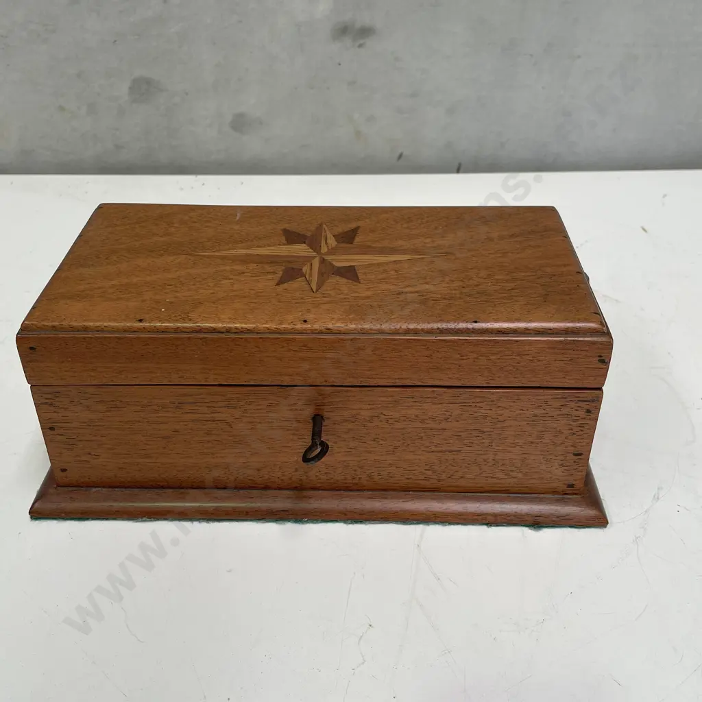 Vintage Inlaid Wooden Box with Key. W27 H11 D15cm Image 1++