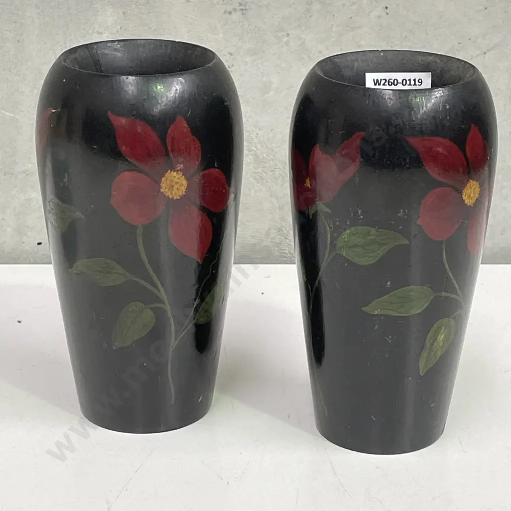 Pair Hand Painted Wooden Pokerwork Vases. H19cm Image 1++