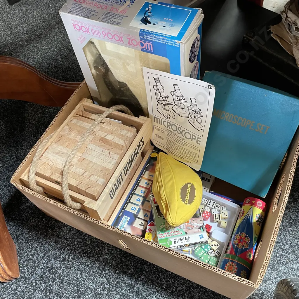 Vintage Games including Rummikub etc with 2 boxed mircroscopes and Wooden Dominos Image 1++