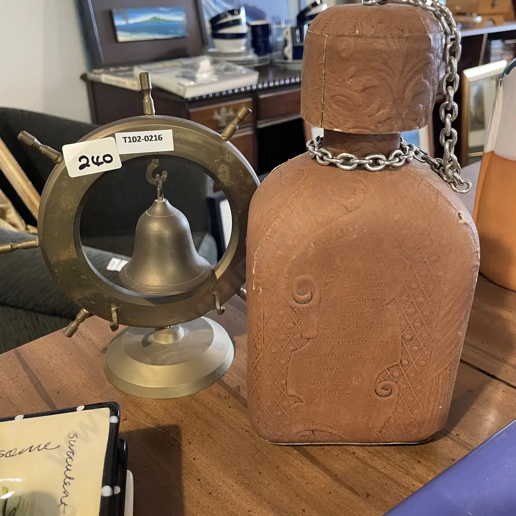 Brass Ships Wheel Bell with Spanish Decanter Image 1++