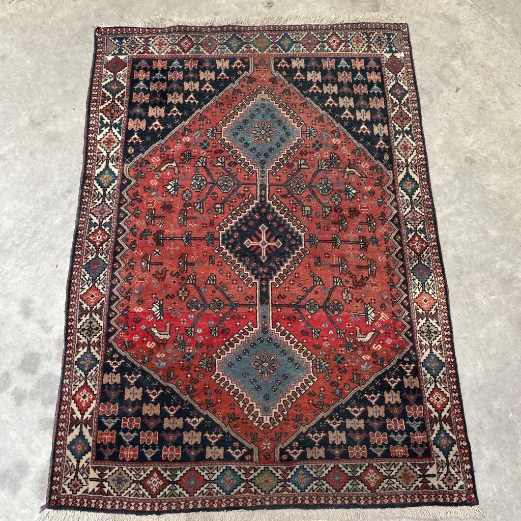 Wooven Floor Mat. Rich burgandy, blues, reds and cream colours. 150 x 104cm Image 1++
