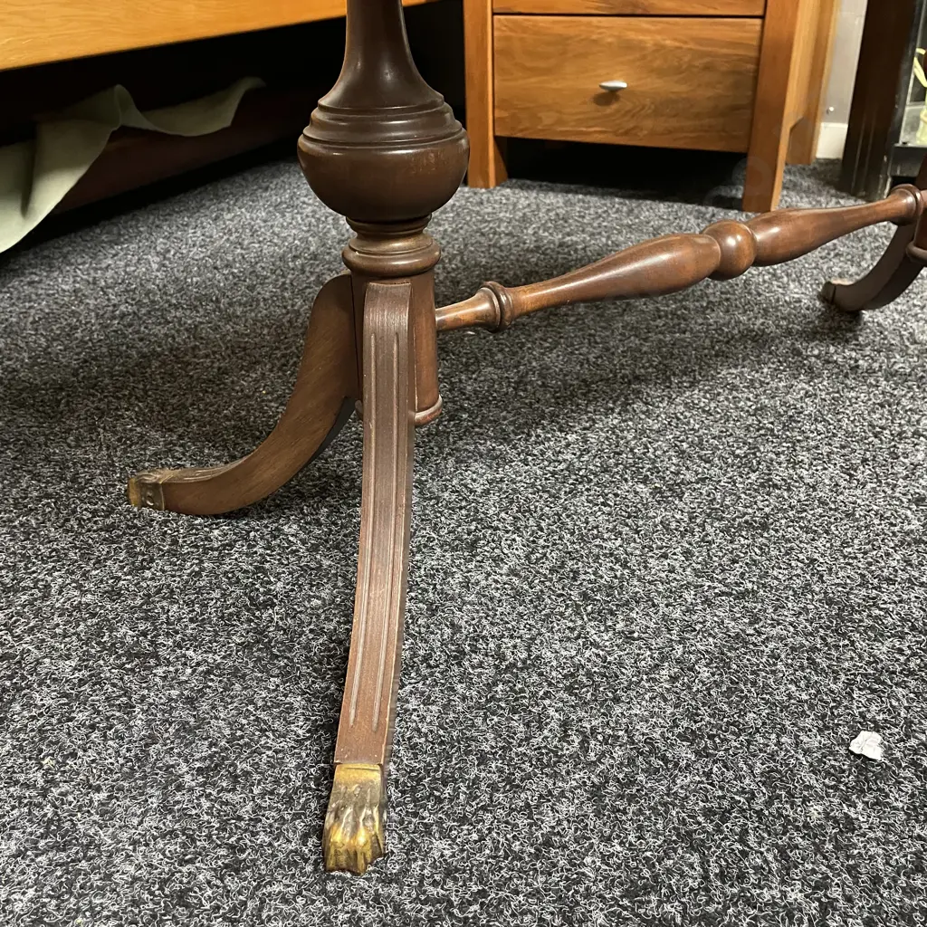 Antique Solid Mahogany Occassional Table. Wave edge, dual base, brass claw feet. Top 91x45cm H50cm Image 1++