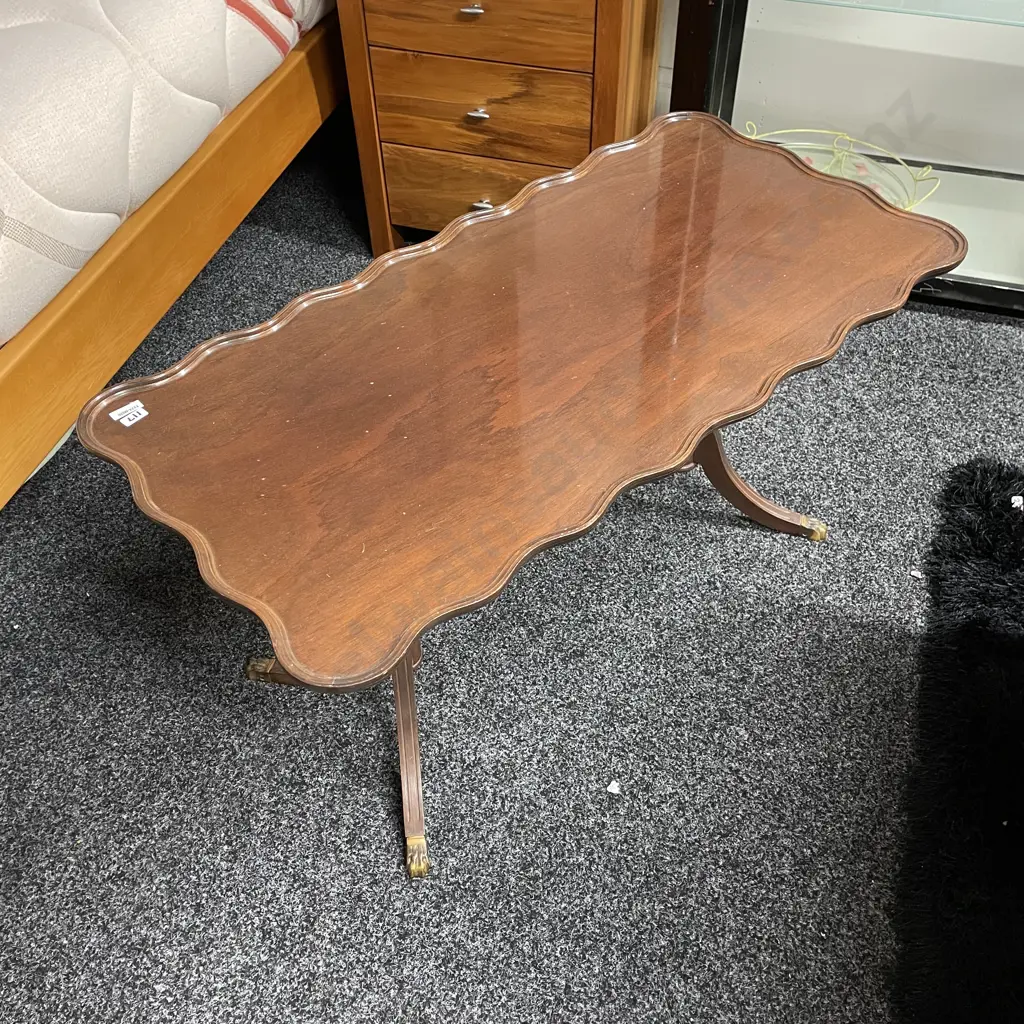 Antique Solid Mahogany Occassional Table. Wave edge, dual base, brass claw feet. Top 91x45cm H50cm Image 1++